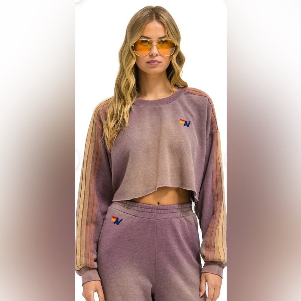 AVIATOR NATION Classic Stripe Cropped Crew Sweatshirt Relaxed Faded Mocha